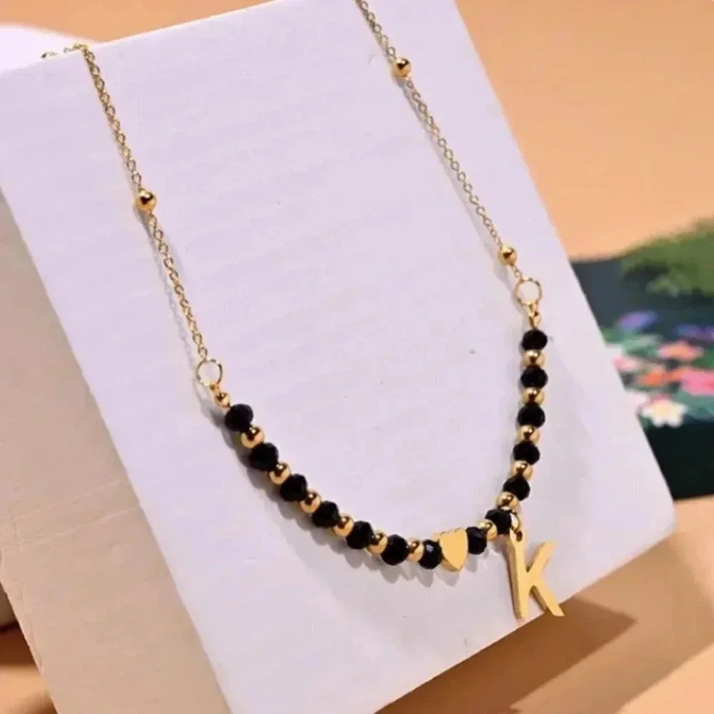 NWT Crystal Black Beaded Gold Initial Necklace Stainless Steel Heart Handmade